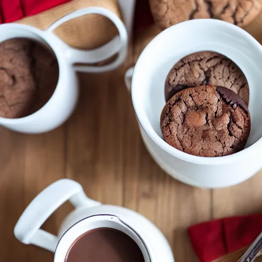 Prompt: cookies and hot chocolate, food photography, cozy