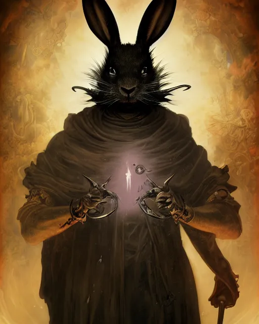 Prompt: Anthropomorphized black rabbit monk, centered, portrait, symmetrical, Path of Exile, Diablo, Warhammer, digital painting, highly detailed, concept art, Nekro, Peter Mohrbacher, Alphonse Mucha, Brian Froud, Yoshitaka Amano, Kim Keever, Victo Ngai, James Jean