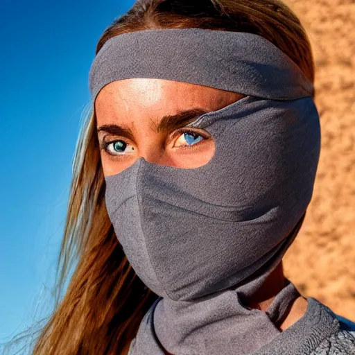 Image similar to female balaclava photography portrait, desert wind