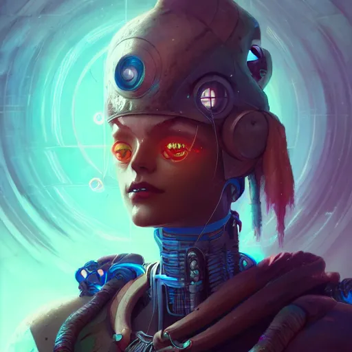 Prompt: a portrait of a beautiful cybernetic shaman, cyberpunk concept art by pete mohrbacher and wlop and artgerm and josan gonzales, digital art, highly detailed, intricate, sci-fi, sharp focus, Trending on Artstation HQ, deviantart, unreal engine 5, 4K UHD image