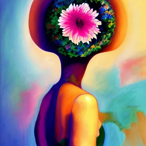 Prompt: huge flower as head, woman standing in a luxury apartment, surreal, dramatic light, impressionist painting, digital painting, artstation, georgia o'keeffe