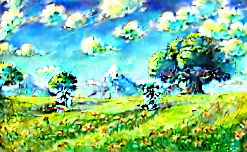 Image similar to fantastic anime sunny meadow with flowers, lone old Oak in the middle plane and mountains on the background, by Hayao Miyazaki, Nausicaa, Ghibli, Breath of the wild, Anime wallpaper