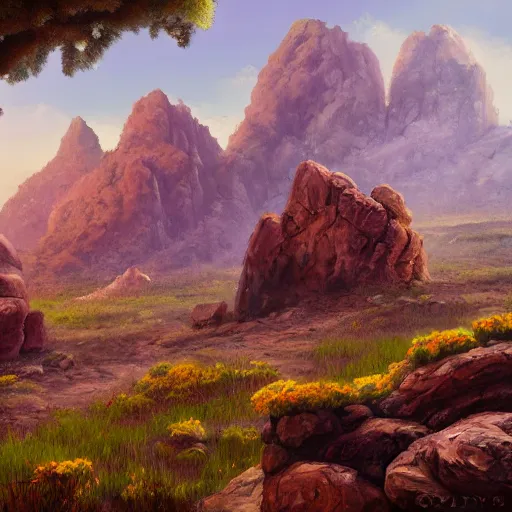 Image similar to a matte painting of the wild west, patchy flowers and rocks, oil painting, pale colors, high detail, 8 k, wide angle, trending on artstation,