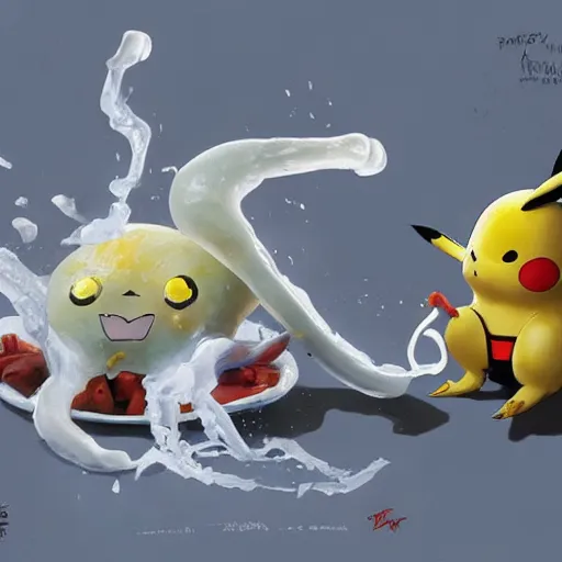 Image similar to pikachu cooks a squid, detailed, art by sung choi, greg rutkowski, peter konig
