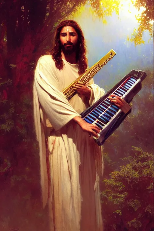 Prompt: hyper realistic portrait of jesus playing a keytar, portrait dnd, painting by gaston bussiere, craig mullins, greg rutkowski, yoji shinkawa