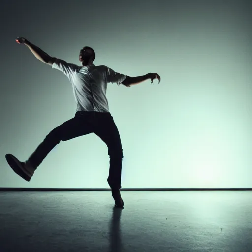 Image similar to a man boisterously dancing around the room by himself holding an empty bottle jumps in the air, dramatic lighting, award-winning photo UHD, 4K