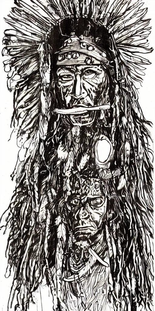 Image similar to a detailed loose wild messy ink sketch portrait of a Native American shaman wearing a bone breastplate in the style of Ralph Steadman, caricature, dramatic with desert colors