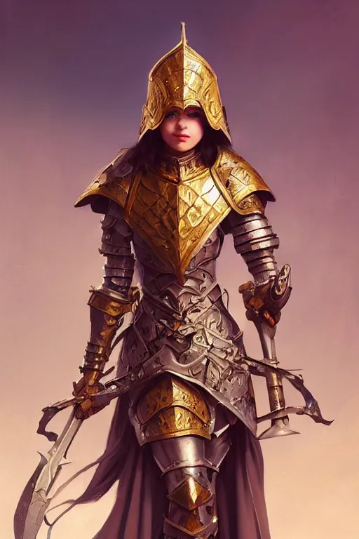 Image similar to beautiful girl knight, full body shot,, medieval armor, helmet, d & d, fantasy, intricate, elegant, golden trims, highly detailed, digital painting, artstation, concept art, matte, sharp focus, illustration, hearthstone, art by artgerm and greg rutkowski and alphonse mucha