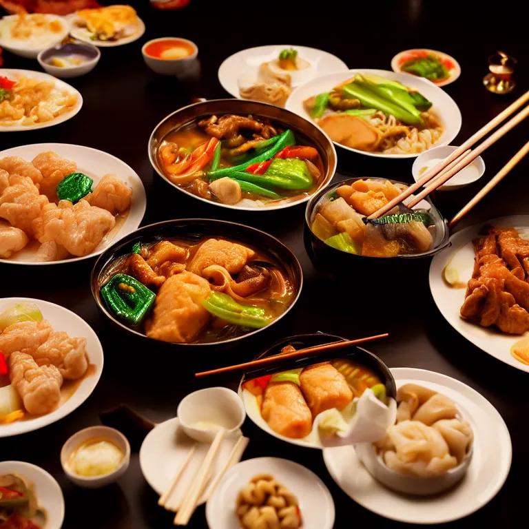 Prompt: close - up focused dslr photograph of an chinese dinner, 8 k, high detail, volumetric lighting, hyperrealism, aesthetically pleasing, studio lighting, trending