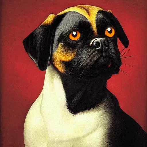 Prompt: portrait of black pugalier dog wearing an elvis costume, by caravaggio, immense detail, intricate background