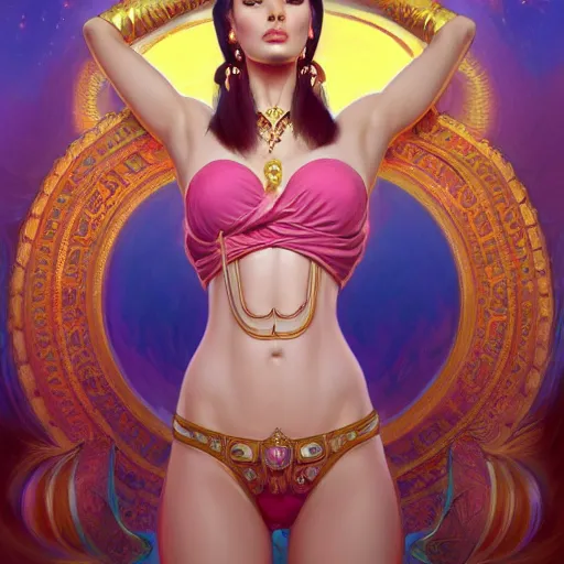Image similar to wide angle full body portrait of I Dream of Jeannie, with a perfect face and perfect body, thin waist, pierced navel, intricate, single face, psychedelic, highly detailed, digital painting, artstation, concept art, smooth, sharp focus, illustration, Unreal Engine 5, 8K, art by artgerm and greg rutkowski and alphonse mucha