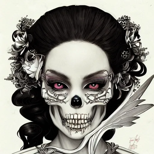 Image similar to anime manga skull portrait young woman clownskeleton, tiara, wings, intricate, elegant, highly detailed, digital art, ffffound, art by JC Leyendecker and sachin teng