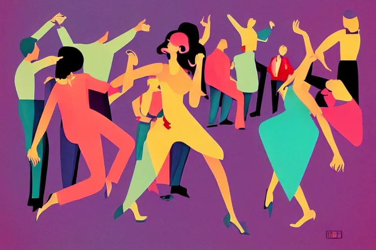 Image similar to “Colorful illustration of a party with people dancing in luxurious modern mid century house. Fun. Retro advert style.”