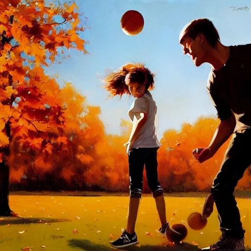 Prompt: a brother and sister throwing a ball around in autumn. playing catch. phil hale. rhads. repin.