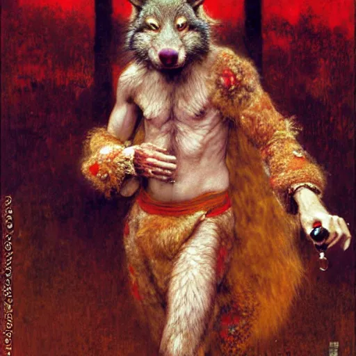 Image similar to a male ratwolfman rat wolf man in a red kimono furry arms furry body walking stick new york. furaffinity furry art detailed face painting by gaston bussiere craig mullins jc leyendecker gustav klimt artgerm greg rutkowski furry