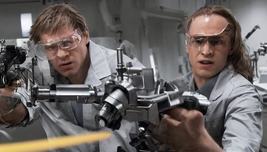 Image similar to big budget action movie about science lab, where a battle cyborg shoots a scientist