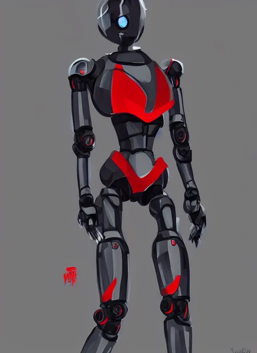Prompt: a robot wearing a black grey and red outfit, full body shot, highly detailed, digital painting, artstation, concept art, smooth, sharp focus, illustration, cartoon