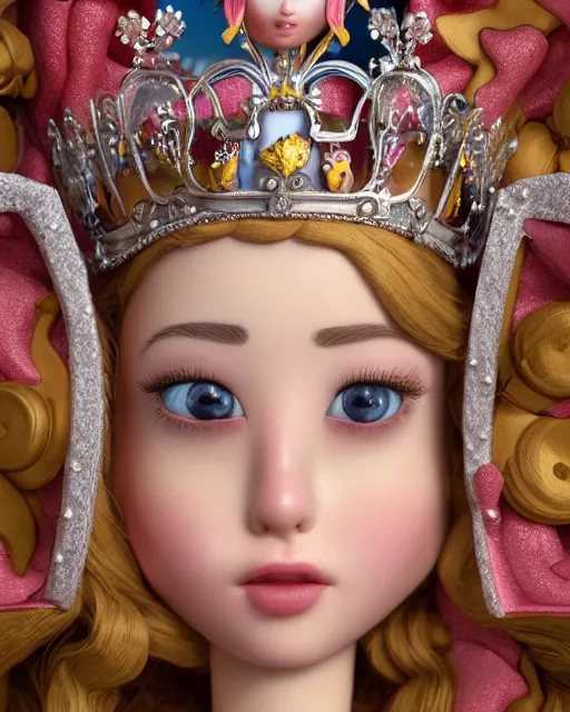 Image similar to closeup face profile portrait of a tin toy fairytale princess wearing a crown eating cakes in the castle, bikini, depth of field, zeiss lens, detailed, symmetrical, centered, fashion photoshoot, by nicoletta ceccoli, mark ryden, lostfish, breathtaking, 8 k resolution, extremely detailed, beautiful, establishing shot, artistic, hyperrealistic, octane render