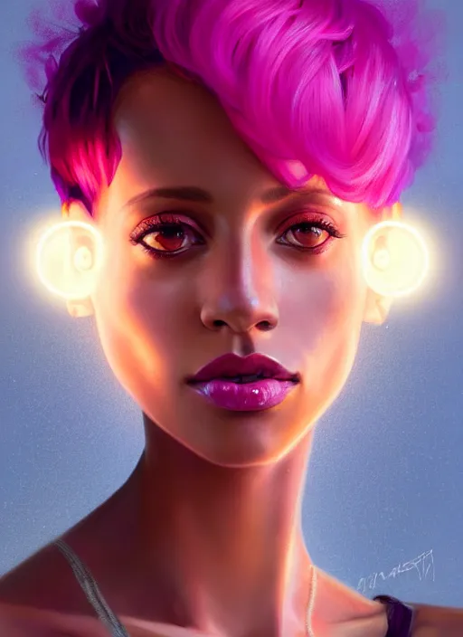 Image similar to portrait of vanessa morgan with bright pink hair, curly pixie cut hair, wearing a purple breton cap, breton cap, hoop earrings, intricate, elegant, glowing lights, highly detailed, digital painting, artstation, concept art, smooth, sharp focus, illustration, art by wlop, mars ravelo and greg rutkowski