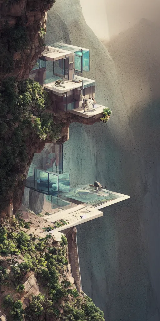 Prompt: glass house built on the side of a vertical cliff, architecture, desert, digital painting, detailed, highly detailed, smooth, sharp focus, 3 d rendering, octane, unreal engine, digital, maya, award winning, trending on artstation