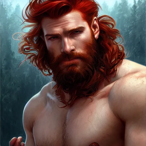 Image similar to portrait of a young, ruggedly handsome ranger, red hair, muscular, half body, leather, hairy, d & d, fantasy, intricate, elegant, highly detailed, digital painting, artstation, concept art, smooth, sharp focus, illustration, art by artgerm and greg rutkowski and alphonse mucha