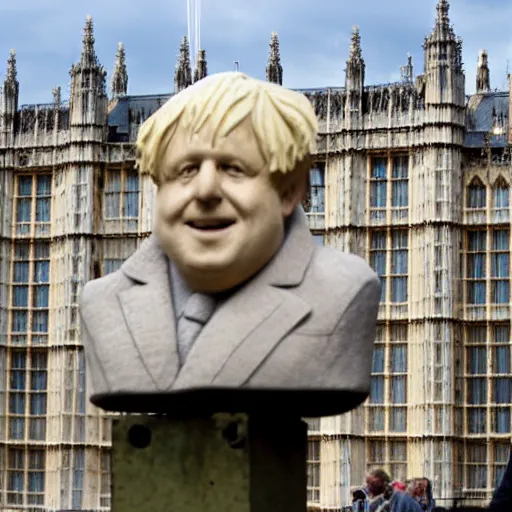 Prompt: a stone sculpture of boris johnson on a plinth outside the houses of parliament, mid distance