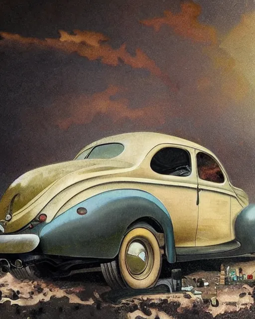 Image similar to medium shot portrait of a prohibition era moonshiner with detailed features, dusty 1940 ford coupe in the backdrop, dutch camera view, dirt, Appalachian mountains, sharp focus, illustration, highly detailed, oil painting, matte, art by Greg Rutkowski and Alphonse Mucha, masterpiece