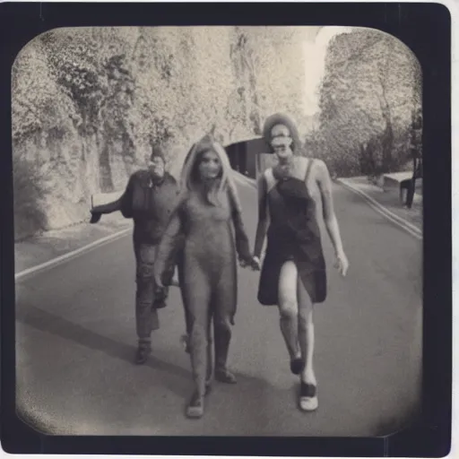 Image similar to really old polaroid photograph of horrorific extraterrestrial beings visiting earth,