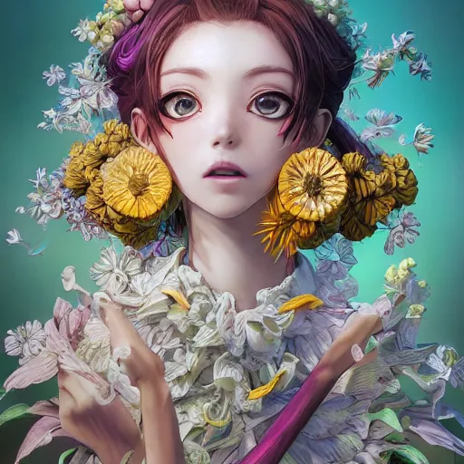 Image similar to the portrait of an absurdly beautiful, graceful, elegant young anime woman made of bananas and petals looking up, an ultrafine detailed illustration by kim jung gi, irakli nadar, intricate linework, bright colors, octopath traveler, final fantasy, angular, unreal engine 5 highly rendered, global illumination, radiant light, detailed and intricate environment