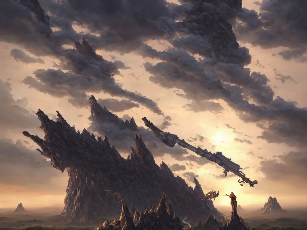 Prompt: great big giants swinging the weapons to the drop of a clouds from sky. fantasy, highlight scene of the movie, high quality, highly detailed 8 k, unreal engine 5, scene of myth, art by hiroaki samura and jiro matsumoto and yao wang from artstation