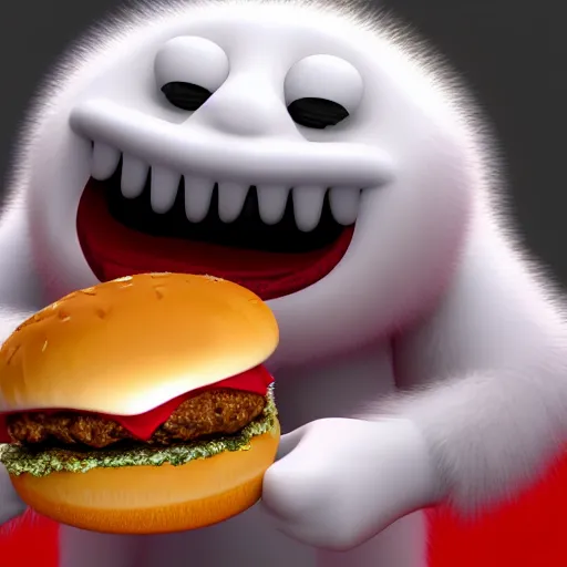 Prompt: 3 d white fur monster standing and eating a hamburger in a red room