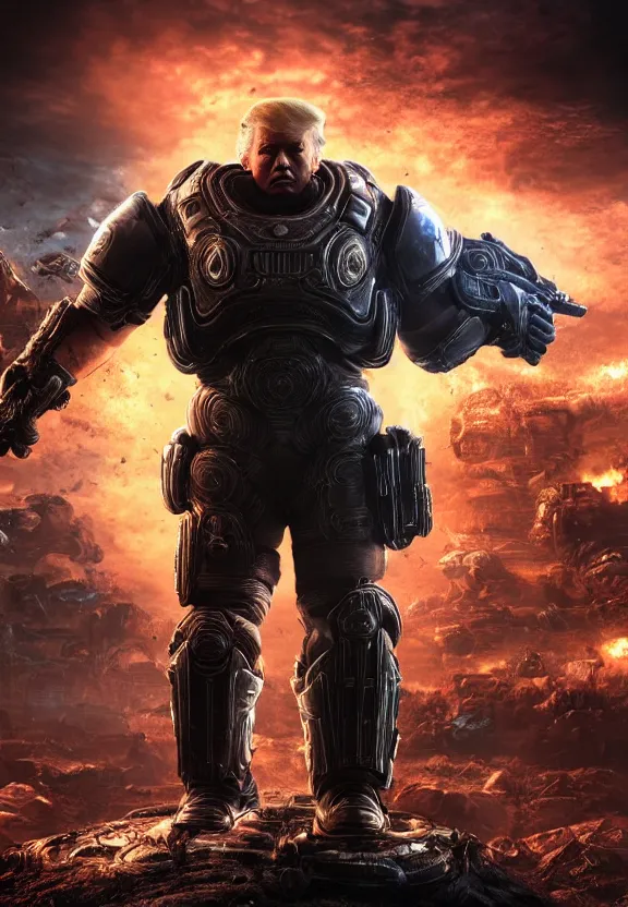 Image similar to Portrait of Donald Trump as emperor of humanity in Gears of War, splash art, movie still, cinematic lighting, dramatic, octane render, long lens, shallow depth of field, bokeh, anamorphic lens flare, 8k, hyper detailed, 35mm film grain