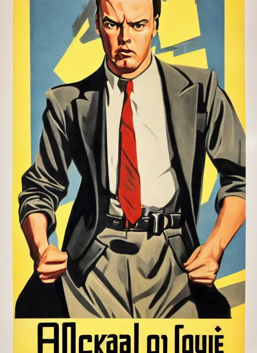 Prompt: Portrait Michael Keaton gesture,look of hate, threatening pose, 1940s propaganda poster, full hd,highly detailed