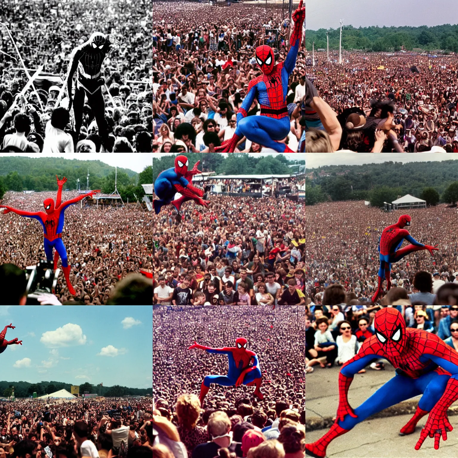 Prompt: spiderman perfoming at woodstock, crowd of people