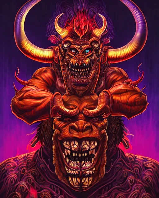 Image similar to barong family member, horns, very muscular, eyes in red fire, red smoke with purple lightning background, wiwek, mara demon, one single tribe member, jungle, one single mask, dark, ancient warrior, gorilla, lizard, inner glow, art by dan mumford and justin gerard