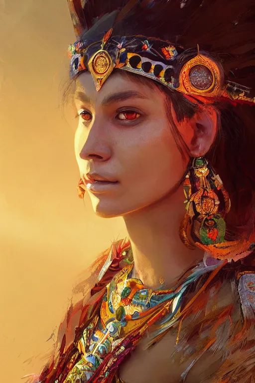 Image similar to aztec princess, gorgeous, close - up portrait, intricate, elegant, volumetric lighting, scenery, digital painting, highly detailed, artstation, sharp focus, illustration, concept art, ruan jia, steve mccurry