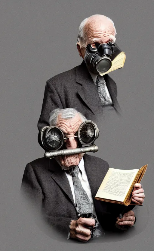 Prompt: old, man, work, vintage suit, sittin, chair, book, gasmask, do, what, we, can, then, leave, it, to, god, non fiction, stability, intricate, elegant, 8 k, uhd, justify, artstation, concept art, matte, sharp focus, illustration, consistent, one object content, proportional content