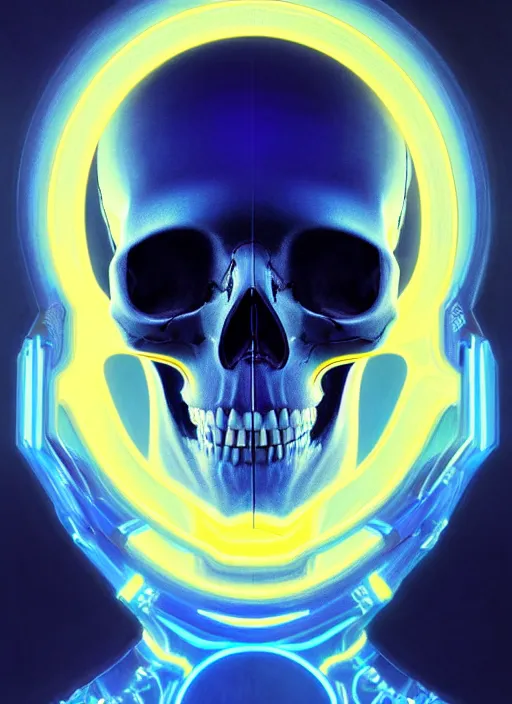 Prompt: symmetry!! portrait of a skull, sci - fi, tech wear, blue and yellow glowing lights!! intricate, elegant, highly detailed, digital painting, artstation, concept art, smooth, sharp focus, illustration, art by artgerm and greg rutkowski and alphonse mucha