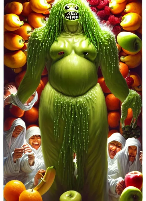 Image similar to full body shot of a monster man in a white robe, green skin, dressed in all white, covered in different fruit, apples, oranges, bananas, intricate, highly detailed, concept art, hyperrealistic, oil painting by greg staples and tristan eaton, 8 k