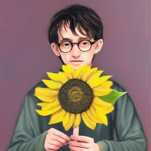 Image similar to hyperrealistic portrait harry poter holding a sunflower in the background there is a beautiful full moon