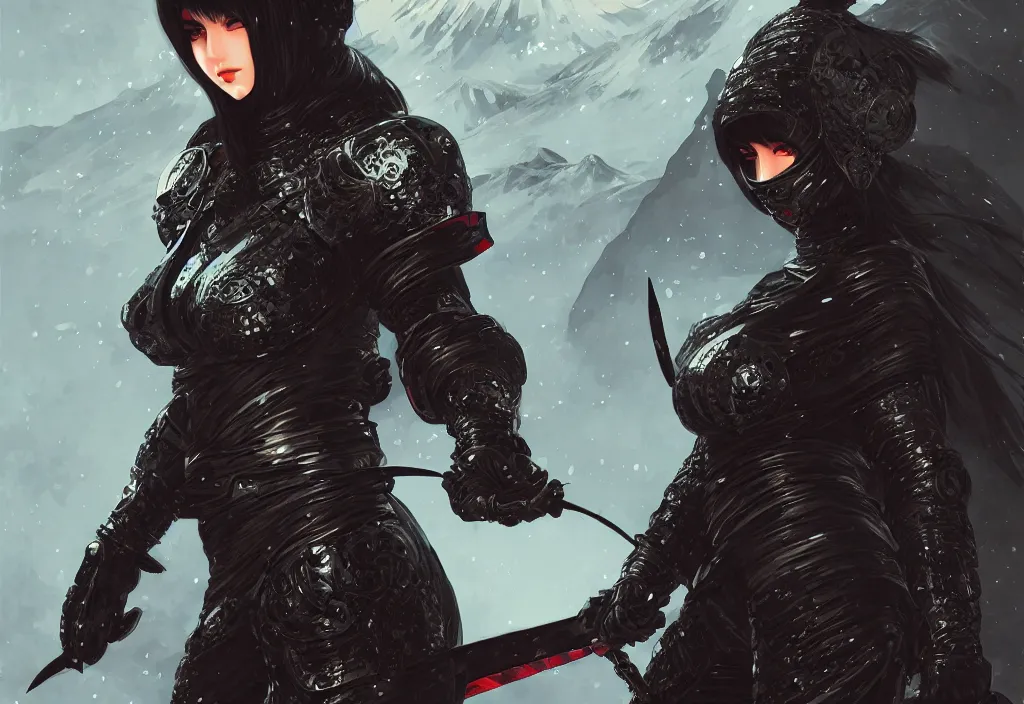 Image similar to portrait ninja gaiden girl, armored black shiny ninja wardrobe, at snowy fuji mountain moonlight, ssci - fi and fantasy, intricate and beautiful and highly detailed, digital painting, artstation, concept art, smooth and sharp focus, illustration, art by tian zi and wlop and alphonse mucha