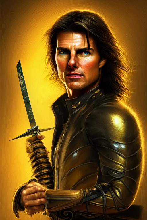 Image similar to Portrait of a tom cruise as a swordsman with long hair, elegant, photorealistic, highly detailed, artstation, smooth, sharp focus, gold ornaments, neon lighting, sci-fi, art by Klimt