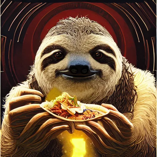 Prompt: detailed science - fiction character portrait of a sloth eating tacos, intricate, wild, highly detailed, digital painting, artstation, concept art, smooth, sharp focus, illustration, art by artgerm and greg rutkowski and alphonse mucha