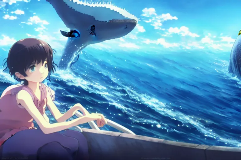 Image similar to a panorama distant view under the water, hyper detailed cg rendering of a cute girl and whale, anime key visual of children of the sea, finely detailed perfect face, style of raphael lacoste, makoto shinkai, violet evergarden, studio ghibli, james jean, hayao miyazaki, extremely high quality artwork