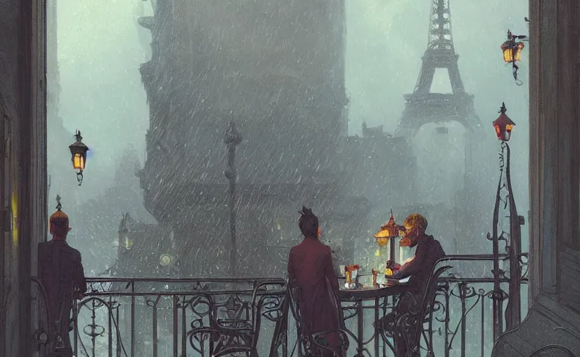 Image similar to gentleman drinking coffee at balcony in france, city with eiffel tower, late night raining, detailed characters, by greg rutkowski, alphonse mucha, beeple, sharp focus, digital art, smooth, light refraction, pixiv art, volumetric lighting, makoto shinkai