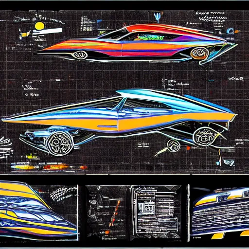 Prompt: colorful blueprint for the Batmobile, epic composition, labeled diagrams, high detail, high contrast illustrations