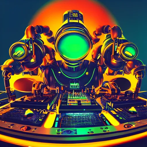 Image similar to album art for a famous dj, the album is called r. o. b. o. r. o. c. k. 3 dieselpunk robot heads with robot arms on a dj desk with a cd mixer, 8 k, fluorescent colors, halluzinogenic, multicolored, exaggerated detailed, front shot, 3 d render, octane