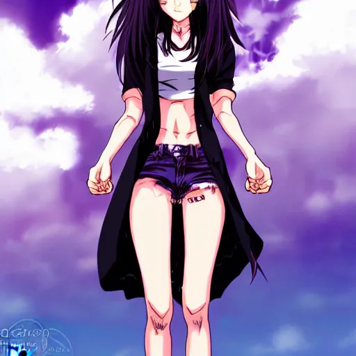 Image similar to style of madhouse studio anime, black lagoon manga, loish, artgerm, comic art, portrait of revy from black lagoon, symmetrical eyes and symmetrical face, jean shorts, white tank top, purple hair, sarcastic evil smirk on face, sky and ocean background