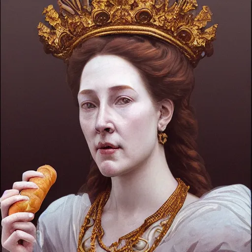 Image similar to beautiful lifelike award winning marble statue bust of dronning magrethe eating a hotdog trending on art station artgerm greg rutkowski alphonse mucha museum quality cinematic atmospheric