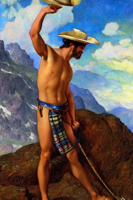 Prompt: a homoerotic tarot card by louis comfort tiffany and albert bierstadt and bill ward of a shirtless dalit mountaineer on a mountain peak | he is wearing a cowboy hat and a revealing tartan kilt | background is snowy mountains and clouds | detailed face, ethereal, dreamlike, art deco | trending on artstation